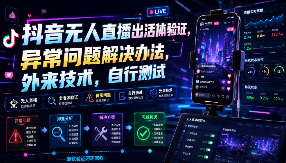抖音无人直播出活体验证，异常问题解决办法，外来技术，自行测试-大表哥网创