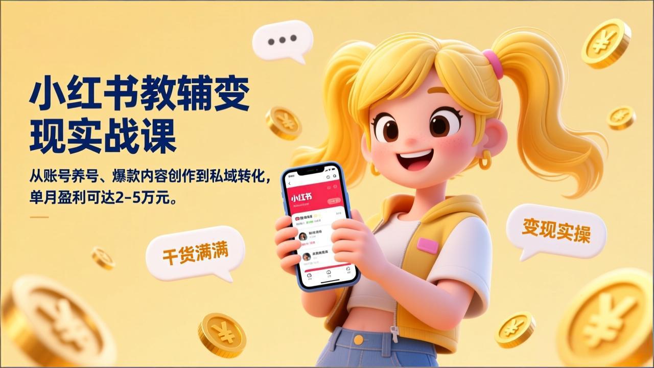 小红书教辅变现实战课，从账号养号、爆款内容创作到私域转化，单月盈利可达2-5万元-大表哥网创