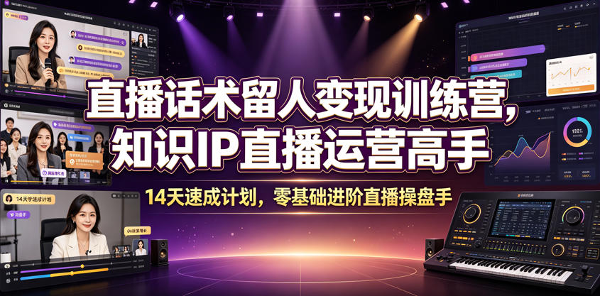 直播话术留人变现训练营，知识IP直播运营高手，14天速成计划，零基础进阶直播操盘手-大表哥网创
