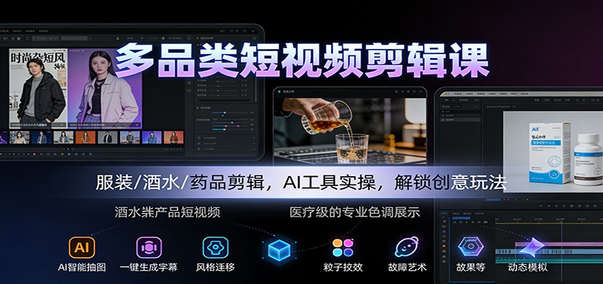 多品类短视频剪辑课：服装/酒水/药品剪辑，AI工具实操，解锁创意玩法-大表哥网创