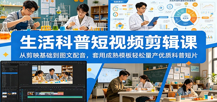 生活科普短视频剪辑课：从剪映基础到图文配音，套用成熟模板轻松量产优质科普短片-大表哥网创