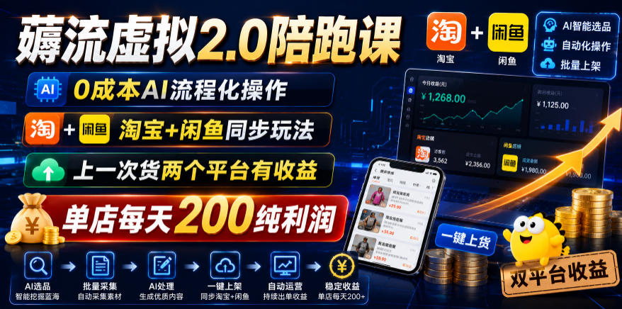 薅流虚拟2.0陪跑课，0成本AI流程化操作，淘宝+闲鱼同步玩法，上一次货两个平台有收益，单店每天200纯利润-大表哥网创