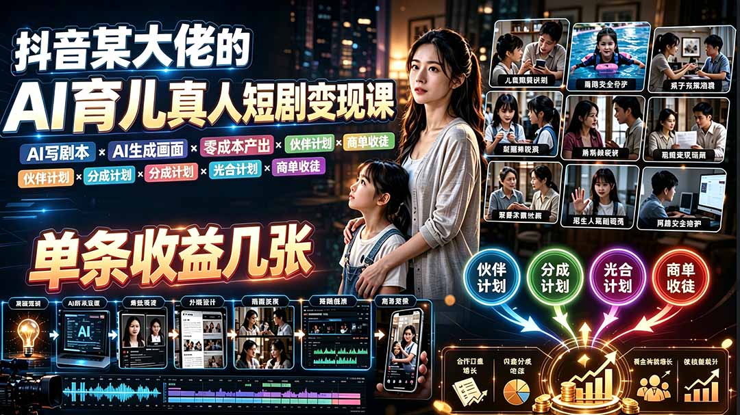 AI育儿真人短剧变现课：AI写剧本×AI生成画面×零成本产出×伙伴计划×分成计划×光合计划×商单收徒-大表哥网创