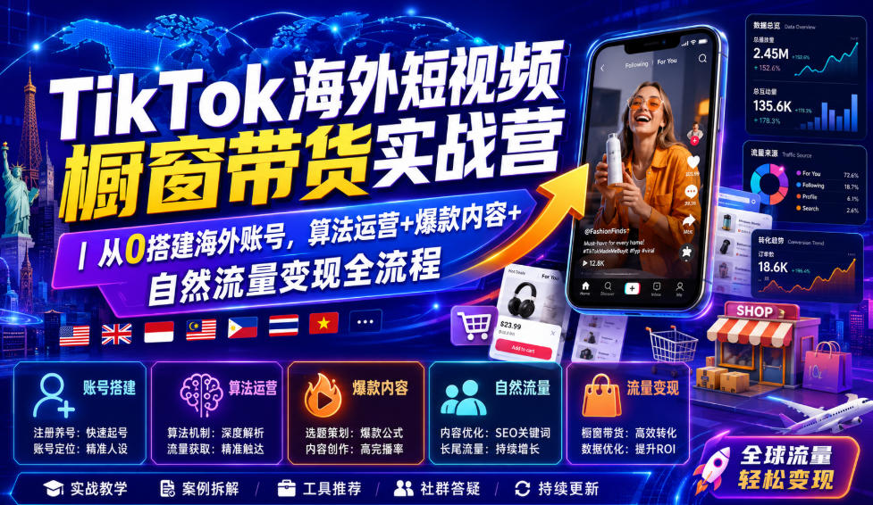 TikTok海外短视频橱窗带货实战营｜从0搭建海外账号，算法运营+爆款内容+自然流量变现全流程-大表哥网创