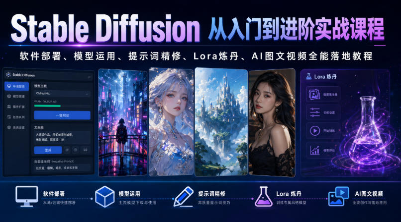 Stable Diffusion从入门到进阶实战课程｜软件部署、模型运用、提示词精修、Lora炼丹、AI图文视频全能落地教程-大表哥网创