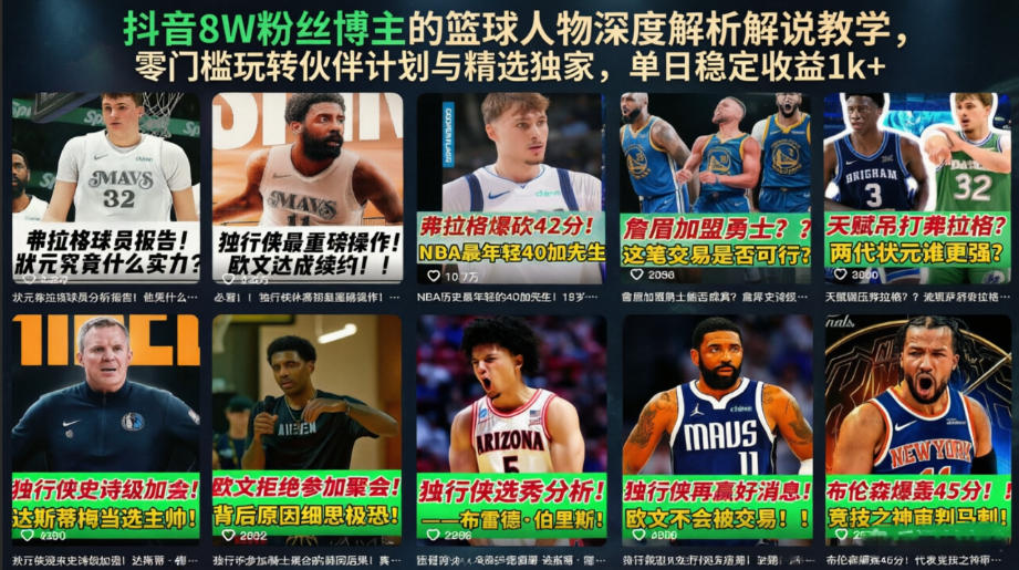 抖音8W粉丝博主的篮球人物深度解析解说教学，零门槛玩转伙伴计划与精选独家，单日稳定收益1k+-大表哥网创