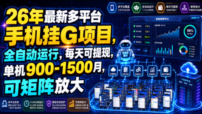 26年最新多平台手机挂G项目,全自动运行,每天可提现,单机900-1500月,可矩阵放大【揭秘】-大表哥网创