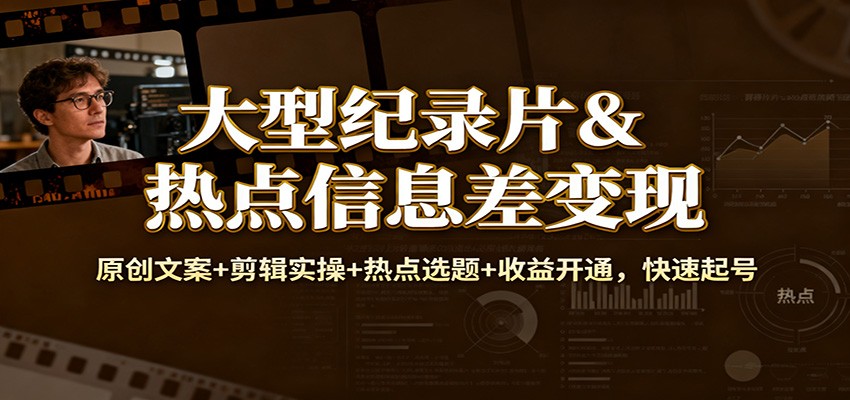 大型纪录片&热点信息差变现：原创文案+剪辑实操+热点选题+收益开通，快速起号-大表哥网创
