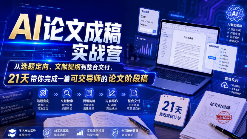 AI论文成稿实战营，从选题定向、文献提纲到整合交付，21天带你完成一篇可交导师的论文阶段稿-大表哥网创
