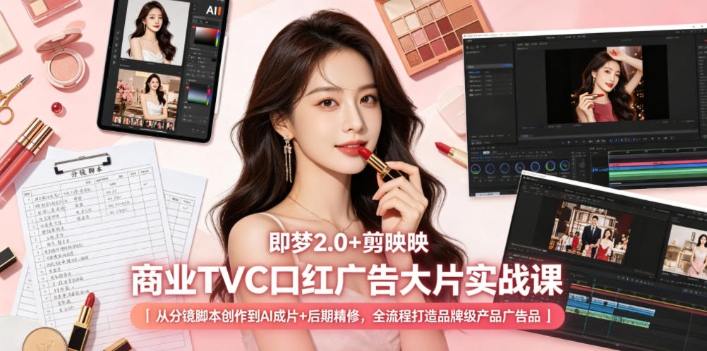 即梦2.0+剪映商业TVC口红广告大片实战课｜从分镜脚本创作到AI成片+后期精修，全流程打造品牌级产品广告-大表哥网创