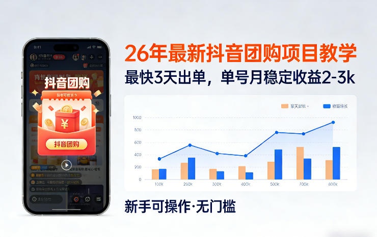 26年最新抖音团购项目教学，0门槛，最快3天出单，单号月稳定收益2-3k-大表哥网创