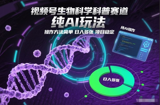 视频号生物科学科普赛道，纯AI玩法，操作方法简单，日入多张，项目稳定-大表哥网创