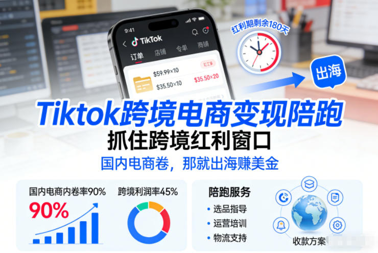 Tiktok跨境电商变现陪跑，抓住跨境红利窗口，国内电商卷，那就出海賺美金-大表哥网创