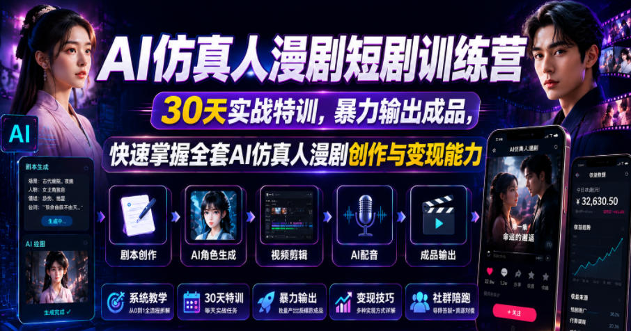 AI仿真人漫剧短剧训练营，30天实战特训，暴力输出成品，快速掌握全套AI仿真人漫剧创作与变现能力-大表哥网创