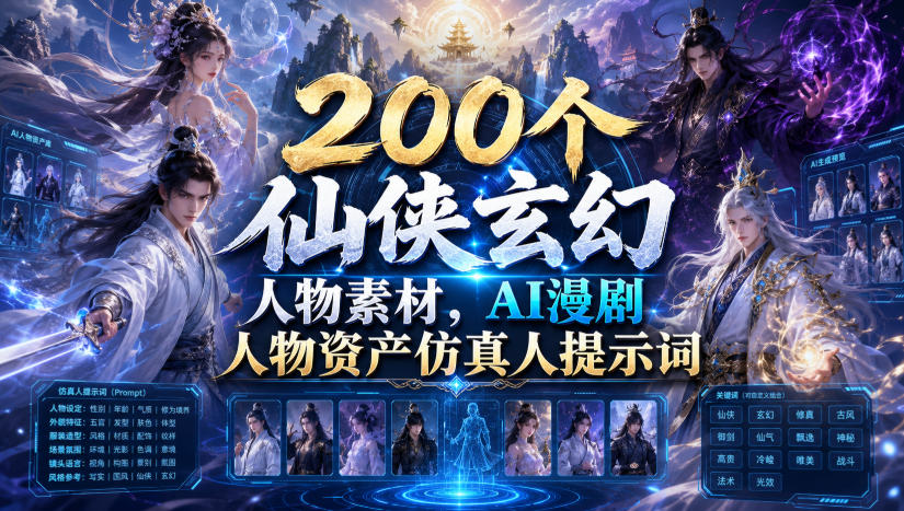 200个仙侠玄幻人物素材，AI漫剧人物资产仿真人提示词-大表哥网创