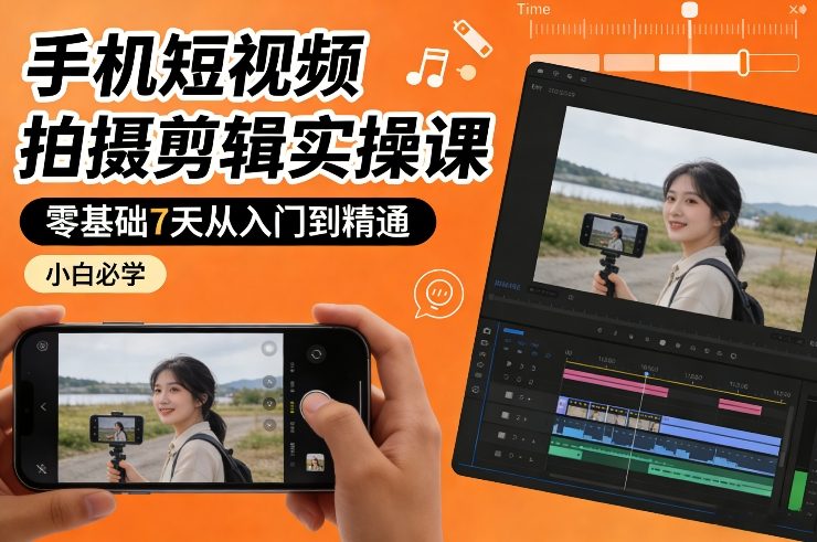 手机短视频拍摄剪辑实操课，零基础7天从入门到精通，小白必学-大表哥网创