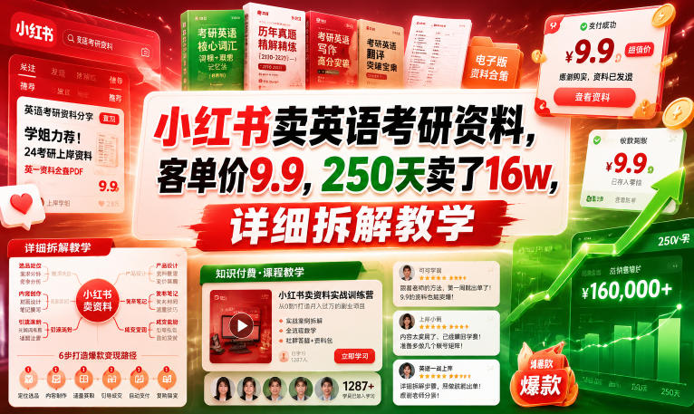 小红书卖英语考研资料，客单价9.9，250天卖了16w，详细拆解教学-大表哥网创
