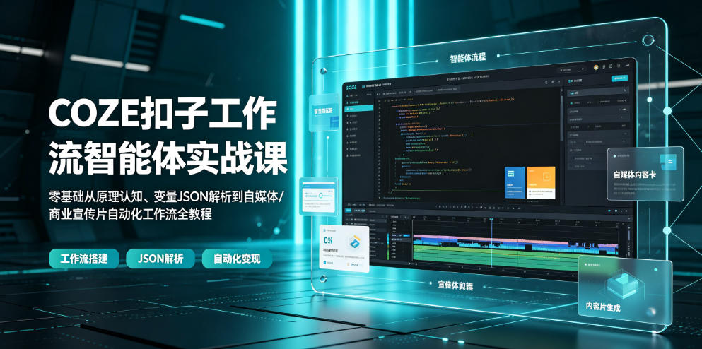 COZE扣子工作流智能体实战课|零基础从原理认知、变量JSON解析到自媒体/商业宣传片自动化工作流全教程-大表哥网创