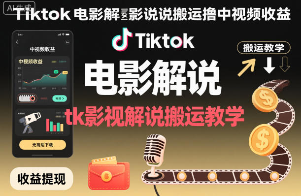 Tiktok电影解说搬运撸中视频收益，tk影视解说搬运教学-大表哥网创