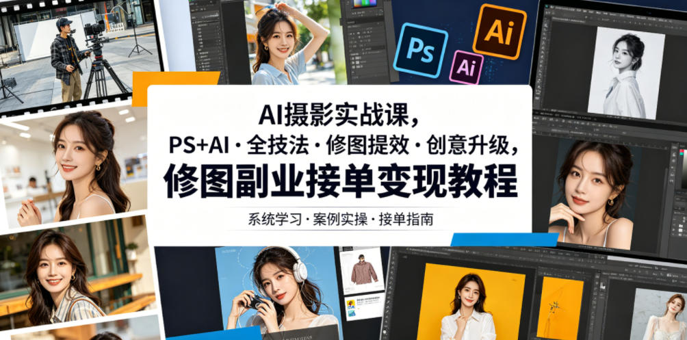 AI摄影实战课，PS+AI・全技法・修图提效・创意升级，修图副业接单变现教程-大表哥网创