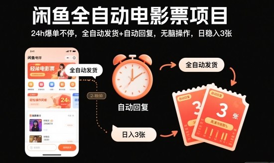 闲鱼全自动电影票项目，24h爆单不停，全自动发货+自动回复，无脑操作，日稳入3张【揭秘】-大表哥网创