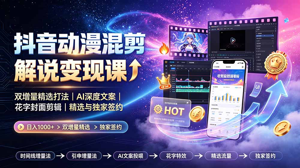 抖音动漫混剪解说变现课：双增量精选打法｜AI深度文案｜花字封面剪辑｜ 精选与独家签约日入1000+-大表哥网创
