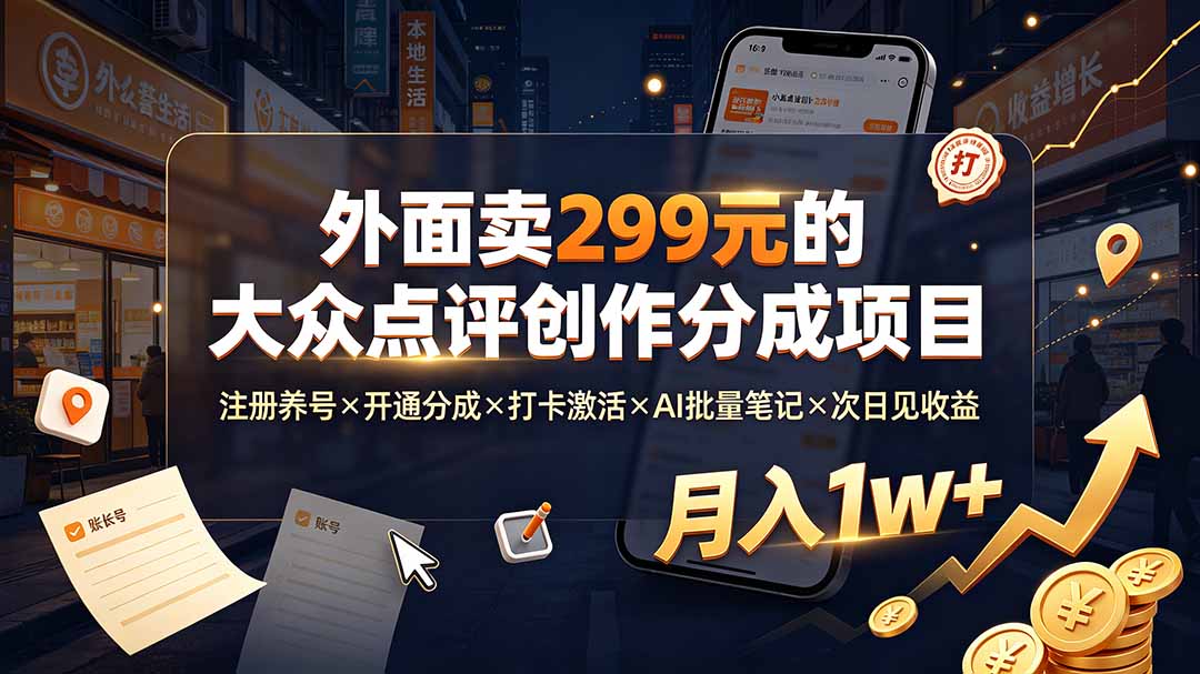 外面卖299元的大众点评创作分成项目:注册养号×开通分成×打卡激活×AI批量笔记×次日见收益,月入1w+-大表哥网创