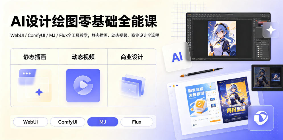 AI设计绘图零基础全能课｜WebUI/ComfyUI/MJ/Flux全工具教学，静态插画、动态视频、商业设计全流程-大表哥网创
