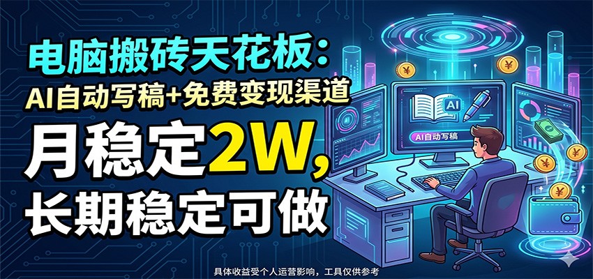 电脑搬砖天花板：AI自动写稿+免费变现渠道，月稳定2W，长期稳定可做-大表哥网创