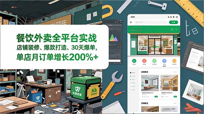 餐饮外卖全平台实战，店铺装修、爆款打造、30天爆单，手把手教学，单店月订单增长200%+-大表哥网创