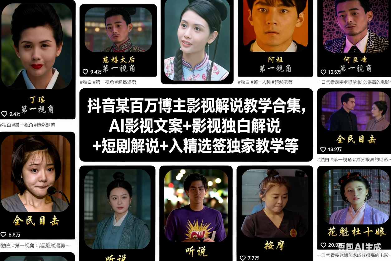抖音某百万博主影视解说教学合集，AI影视文案+影视独白解说+短剧解说+入精选签独家教学等-大表哥网创
