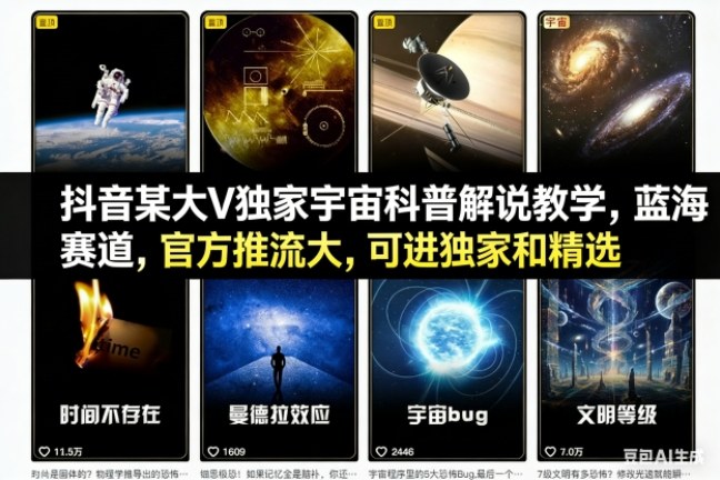 抖音某大V独家宇宙科普解说教学，蓝海赛道，官方推流大，可进独家和精选-大表哥网创