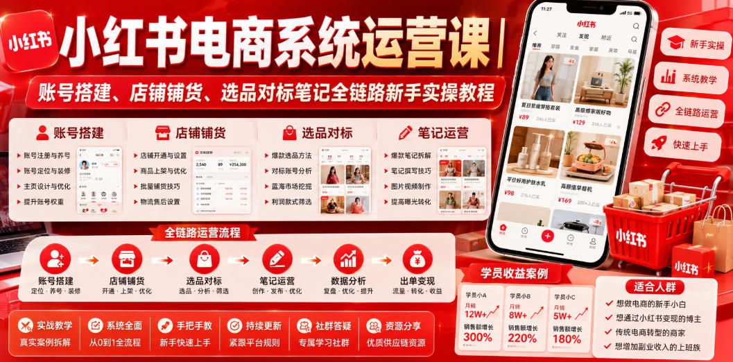小红书电商系统运营课｜账号搭建、店铺铺货、选品对标笔记全链路新手实操教程-大表哥网创