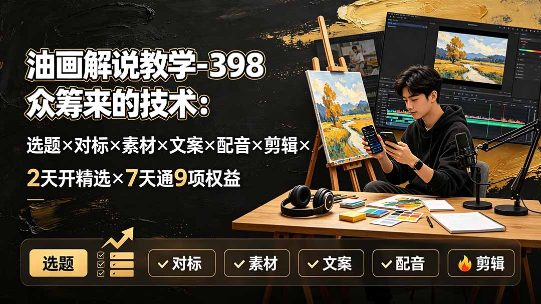 油画解说教学-398众筹来的技术：选题×对标×素材×文案×配音×剪辑×2天开精选×7天通9项权益-大表哥网创