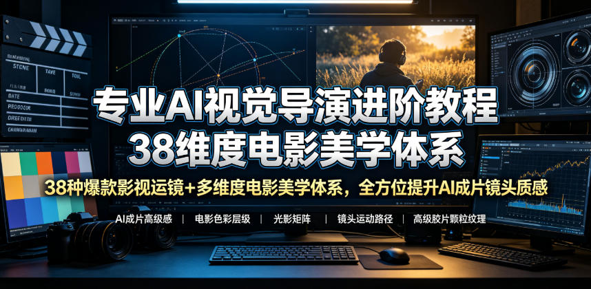 专业AI视觉导演进阶教程，38种爆款影视运镜+多维度电影美学体系，全方位提升AI成片高级感与镜头质感-大表哥网创
