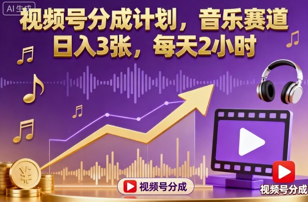 视频号分成计划，音乐赛道，日入3张，每天2小时-大表哥网创