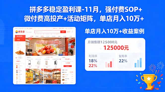 拼多多稳定盈利课-11月，强付费SOP+微付费高投产+活动矩阵，单店月入10万+-大表哥网创