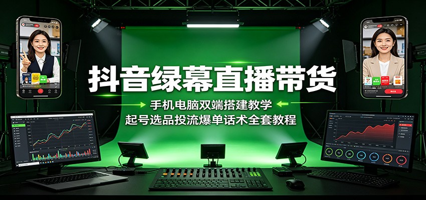 抖音绿幕直播带货：手机电脑双端搭建教学，起号选品投流爆单话术全套教程-大表哥网创