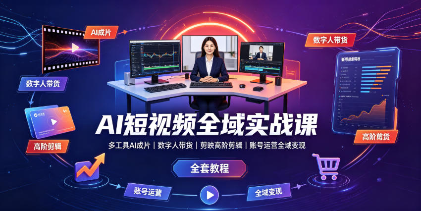 AI短视频全域实战课|多工具AI成片、数字人带货、剪映高阶剪辑、账号运营全域变现全套教程-大表哥网创