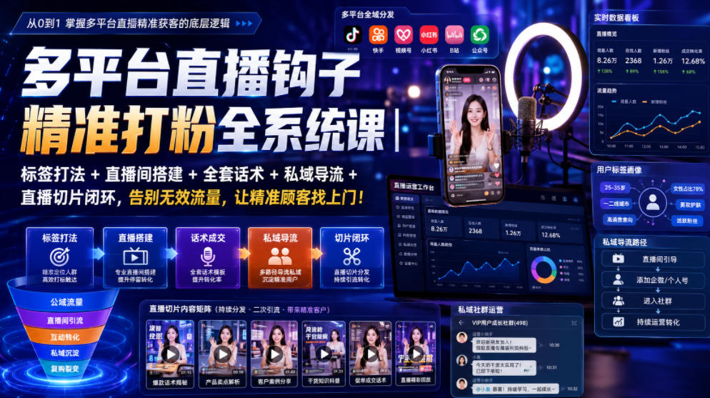 多平台直播钩子精准打粉全系统课｜标签打法+直播间搭建+全套话术+私域导流+直播切片闭环，告别无效流量，让精准顾客找上门！-大表哥网创