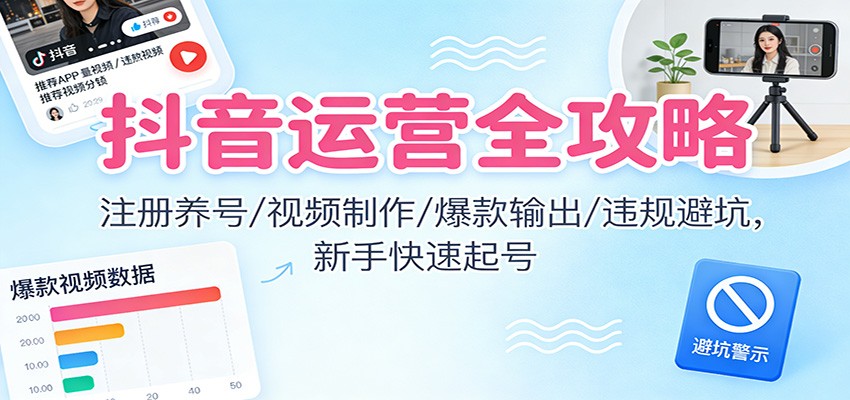 抖音运营全攻略：注册养号/视频制作/爆款输出/违规避坑，新手快速起号-大表哥网创