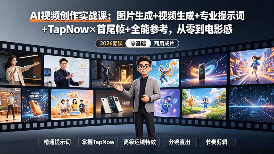AI视频创作实战课：图片生成+视频生成+专业提示词+TapNow×首尾帧+全能参考，从零到电影感成片-大表哥网创
