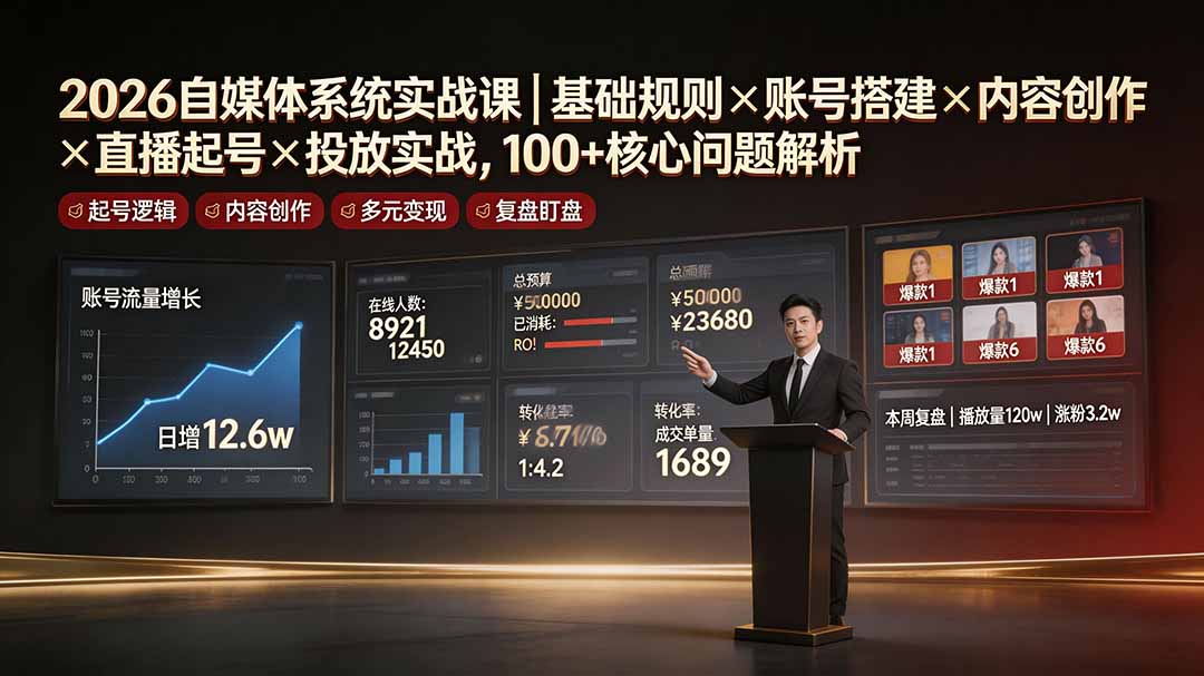 2026自媒体系统实战课｜基础规则×账号搭建×内容创作×直播起号×投放实战，100+核心问题解析-大表哥网创
