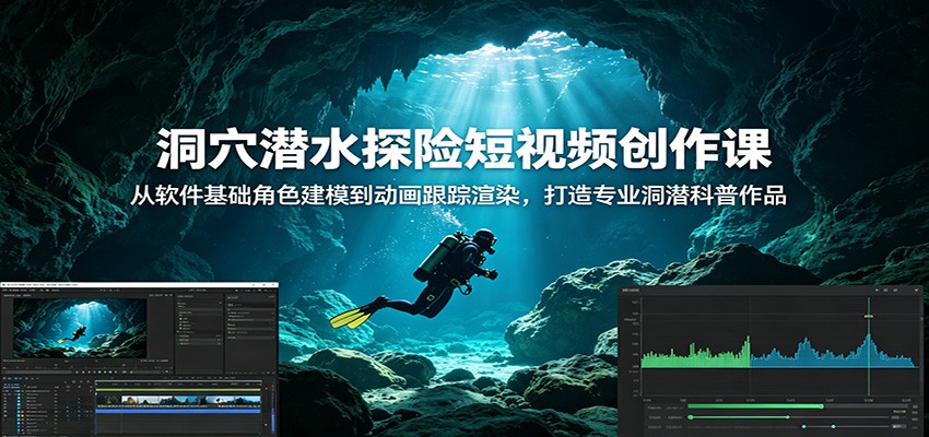 洞穴潜水探险短视频创作课：从软件基础角色建模到动画跟踪渲染，打造专业洞潜科普作品-大表哥网创