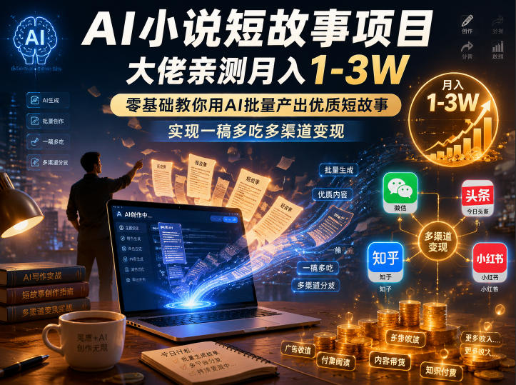 AI小说短故事项目，大佬亲测月入1-3W，零基础教你用AI批量产出优质短故事，实现一稿多吃多渠道变现-大表哥网创