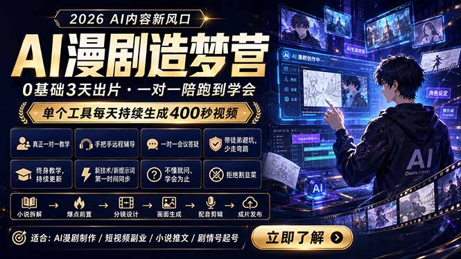 AI漫剧造梦营:0基础3天出片,单个工具每天持续生成400秒视频-大表哥网创
