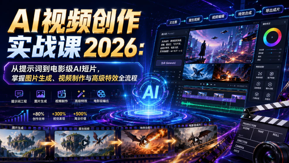 AI视频创作实战课2026：从提示词到电影级AI短片，掌握图片生成、视频制作与高级特效全流程-大表哥网创