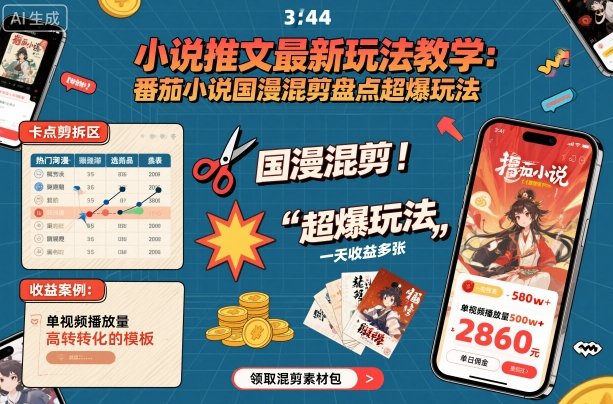 小说推文最新玩法教学，番茄小说国漫混剪盘点超爆玩法，全程干货，一天收益多张-大表哥网创