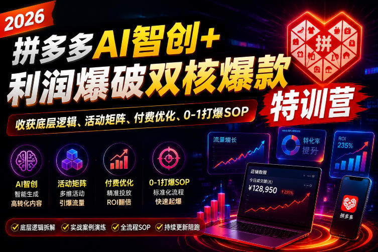 2026拼多多AI智创+利润爆破双核爆款特训营,收获底层逻辑、活动矩阵、付费优化、0-1打爆SOP-大表哥网创