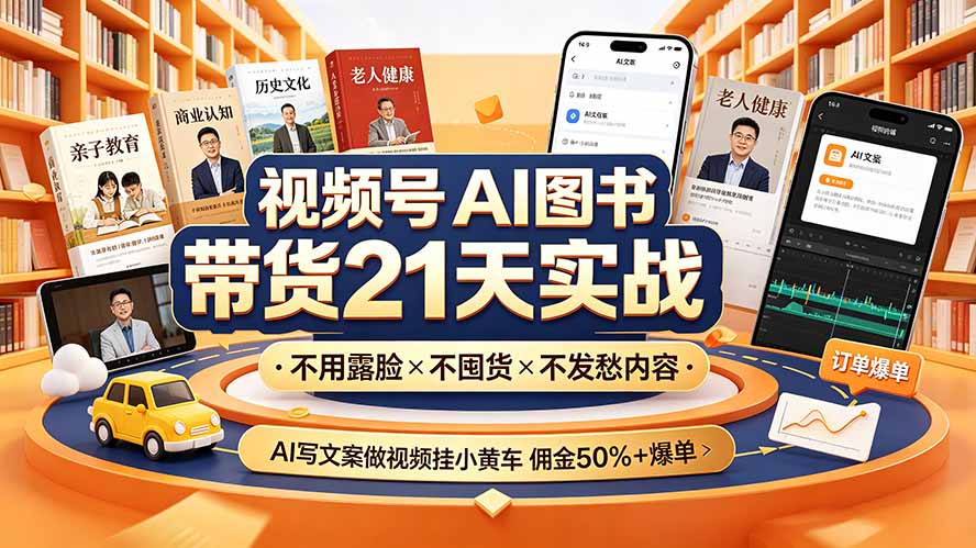 视频号AI图书带货21天实战：不用露脸×不囤货×不发愁内容，AI写文案做视频挂小黄车，佣金50%+爆单-大表哥网创